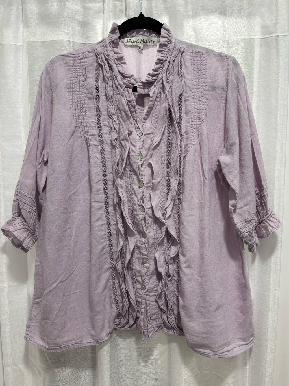 JP and Mattie Lilac Purple Ruffle Trim Cotton Blouse Crinkle Button Up XL